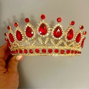 New Ruby, red crystal gems & gold opulent queen or princess tiara crown pageant